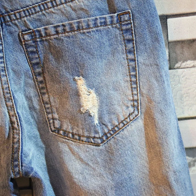 

Summer 2021 Men Denim Shorts Fashion Hole Ripped Slim Fit Knee-Length Shorts Blue Casual Zipper Straight Shorts Hotpants 28-36