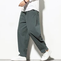 cotton linen harem pants men solid elastic waist streetwear joggers fashoin baggy wide leg pants man casual trousers drop crotch