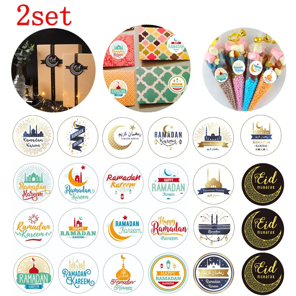 

2set Eid Mubarak Stickers Lesser Bairam Round Gift Bag Bottle Stickers Tag Eid Al-Fitr Party Muslim Home Decoration
