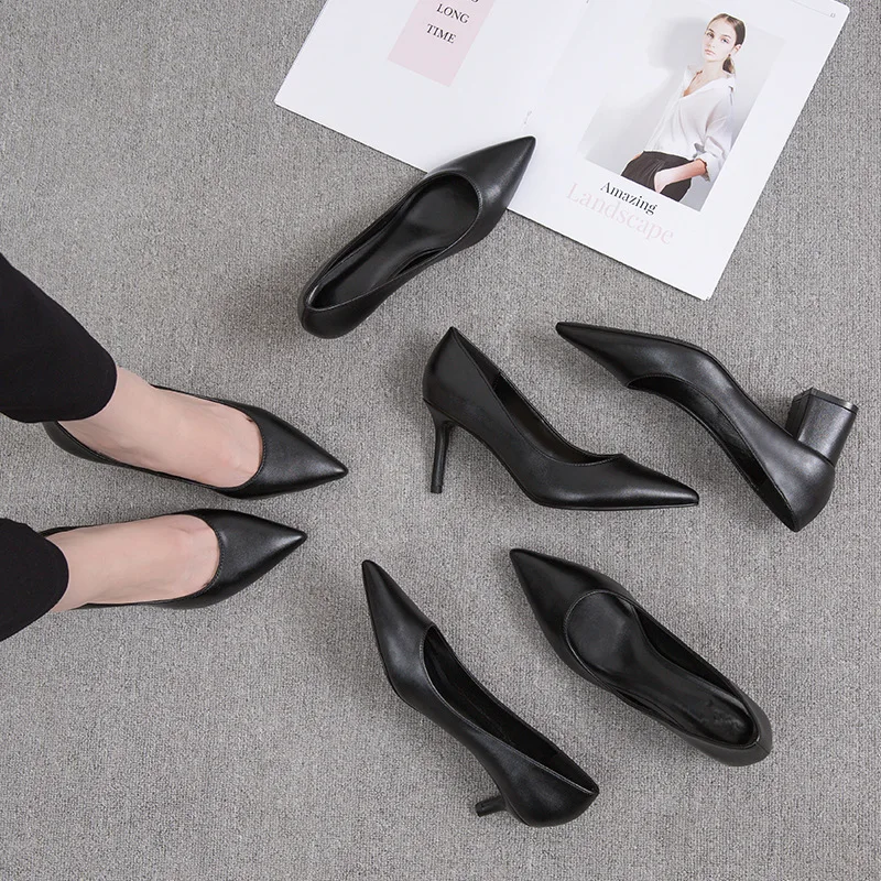 

Женские туфли с острым носком, черные кожаные туфли на толстом высоком каблуке-шпильке, профессиональная обувь для работы, 2021