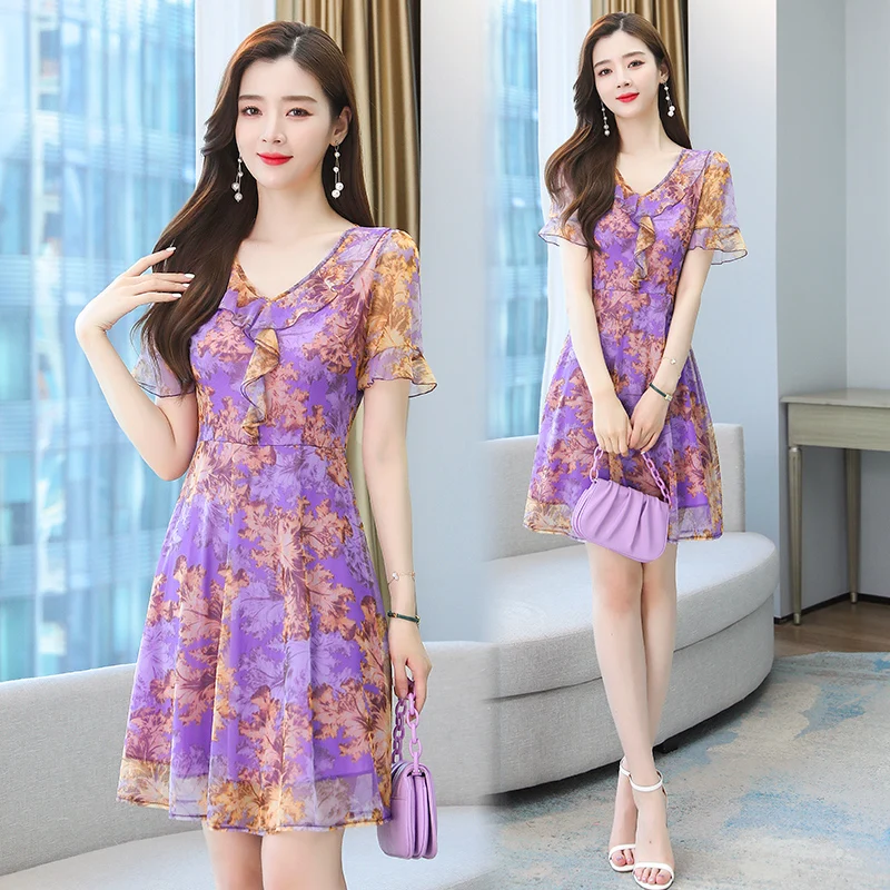 

Женское шифоновое платье с коротким рукавом и цветочным принтом, большого размера