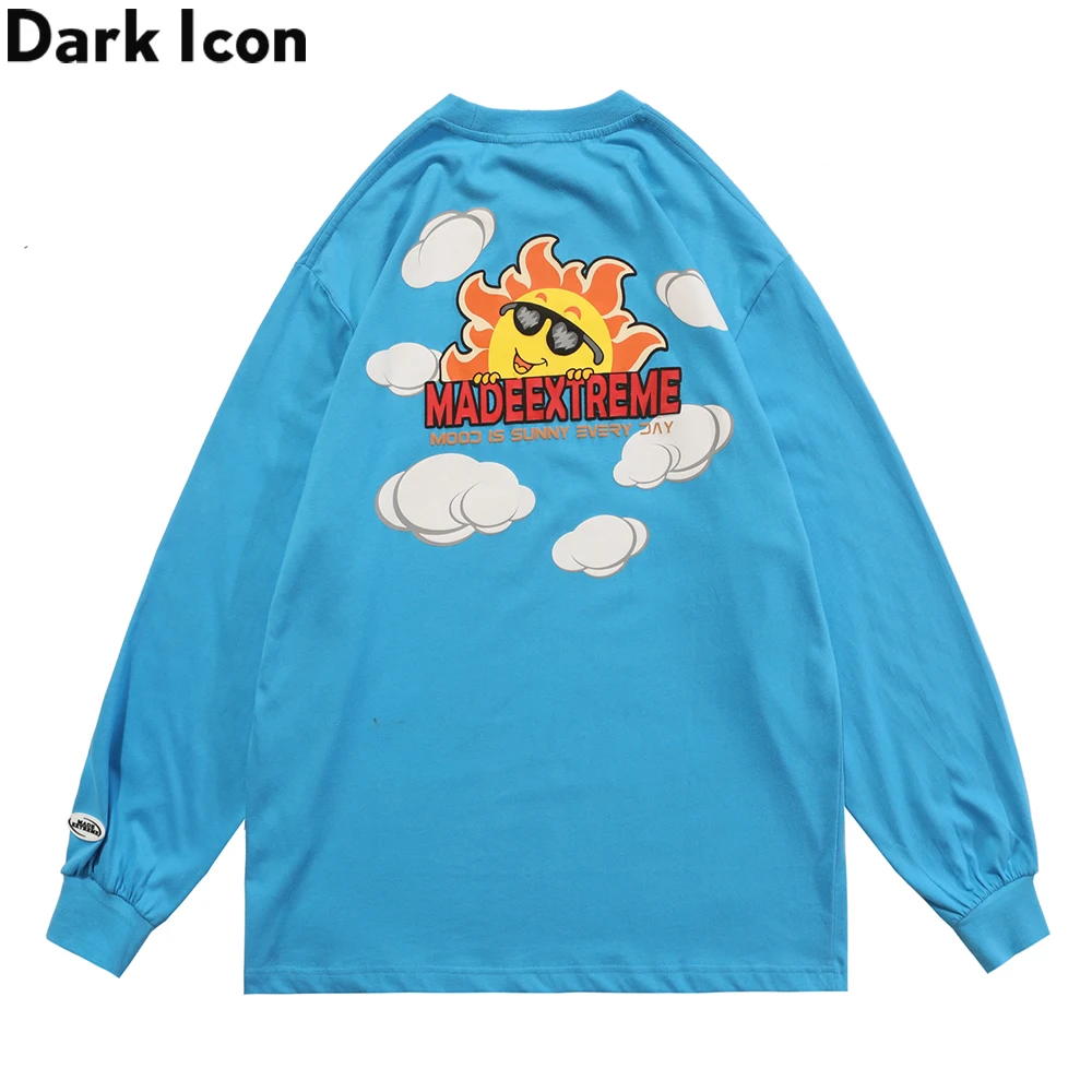 

Dark Icon Smile Sun Men's T-shirt Long Sleeve Crew Neck Hipster Tshirts for Man Blue Tee Shirts