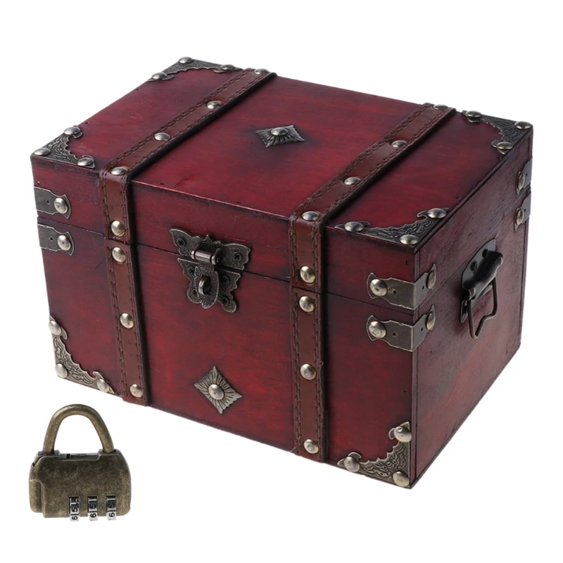 

Retro Treasure Chest with Lock Vintage Wooden Storage Box Antique Style Jewelry Organizer for Wardrobe Jewelry Box Trink P82D