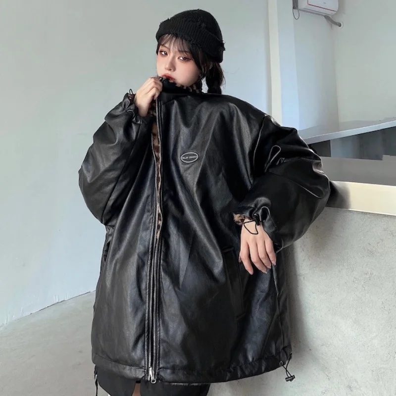 Куртка женская зимняя из искусственной кожи с леопардовым принтом подкладкой