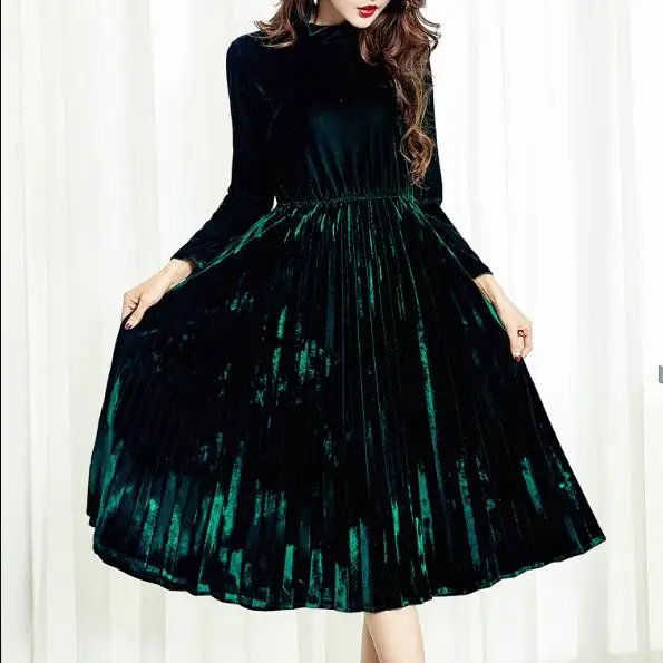 Популярные бархатные платья для женщин 2019 осенние винтажные с высоким воротом и