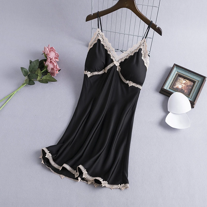 

Women's Sleep Feminine lace suspender nightdress thin silk nightdress with chest pad ice silk halter SJ021