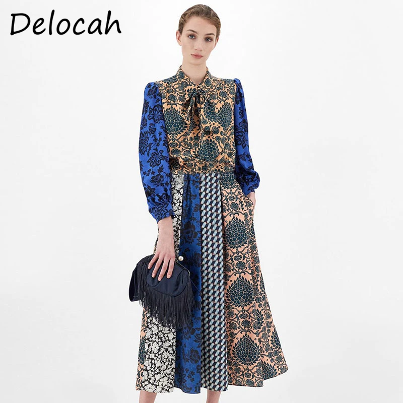 

Delocah новые 2021 осенние женские модные взлетно-посадочной полосы вечерние платье трапециевидной формы с длинными рукавами и бантом в винтажн...
