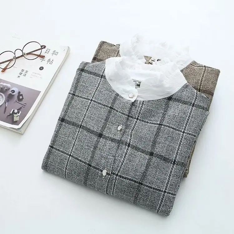 

Women's Coats New 2020 Spring Autumn Thin Casual Jacket Fashion Crew Neck Single-breasted Lattice Elegant Shirt Coat Outerwear