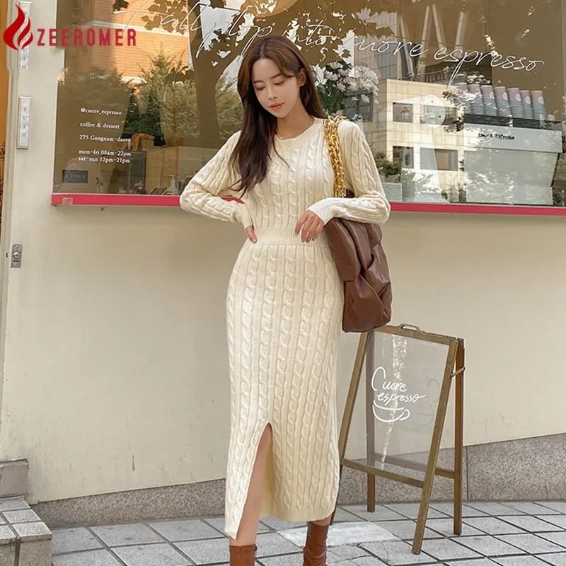 

2022 Autumn Winter Elegant Knit Dress Women O-neck Long Sleeve Split Slim Sweater Dress Korean Office Ladies Midi Dress Vestidos