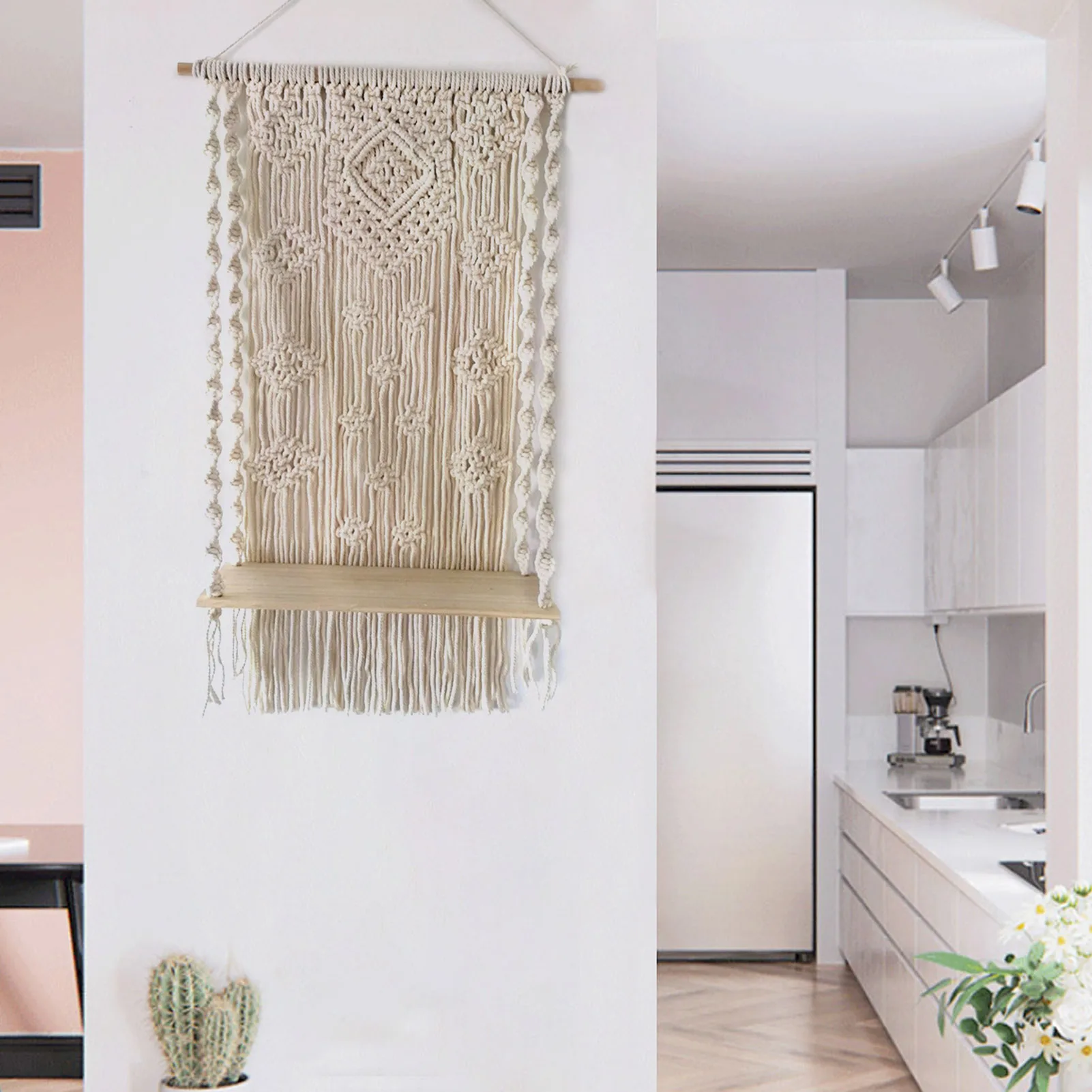 

Japanese Style Hand-woven Tassel Macrame Wall Hanging Art Woven Tapestry Woven Wood Shelf Tapestry for Home Bedroom Decoration