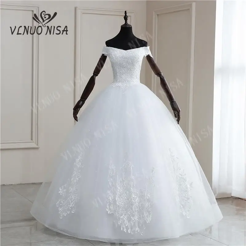 

Elegant Boat Neck Off shoulder Wedding Dresses 2020 New VLNUO NISA Simple Lace Embroidery Ball Gown Custom Made Vestido De Noiva