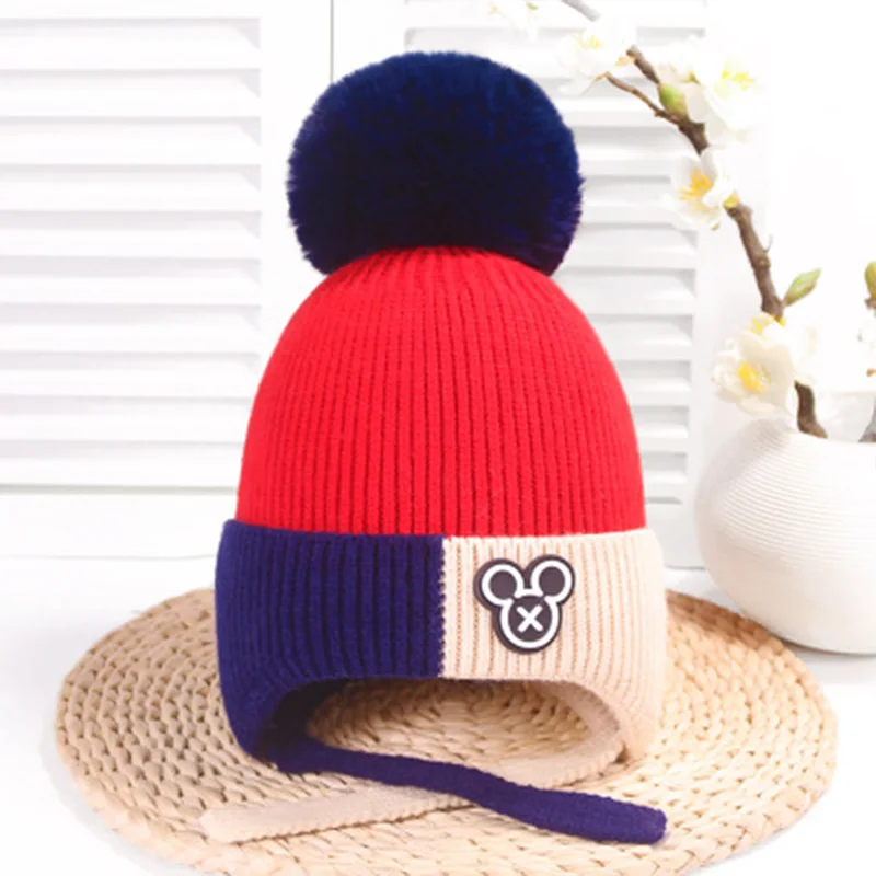 Детская зимняя шапка с помпоном, двухсторонняя, цветная, Вязанная, теплые зимние шапки, шапочки, милые детские шапки, аксессуары для волос - Цвет: 1