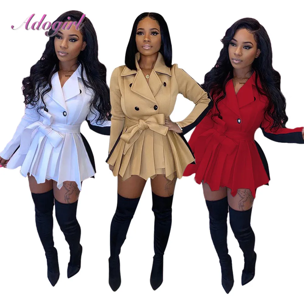 

Winter Coat Casual Solid Patchwork With Belt Turn Down Collar Coat Women Pleated Hem Ruffle Outfit Thick Jaket Trench Coat Dress