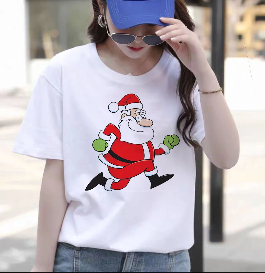 

Merry Christmas Clothes Harajuku Women T-shirt Vogue Kawaii Reindeer Santa Claus Print Tshirts White Casual Tee Femme ClothingCN