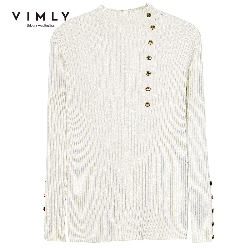 Vimly 2020 Spring Autumn Women Knitted Pullovers Tops Fashion Solid Stand Collar Buttons Slim OL Elegant Female Sweater 99157 | Женская
