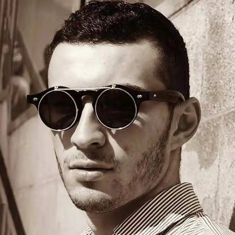 

2021 Vintage Fashion Round SteamPunk Flip Up Sunglasses Classic Double Layer Clamshell Design Sun Glasses Oculos De Sol
