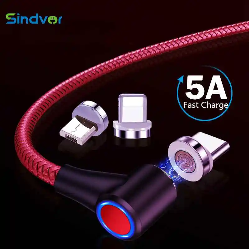 Магнитный кабель Sindvor 5A Micro USB Type C адаптер Шнур 90 градусов локоть быстрое зарядное
