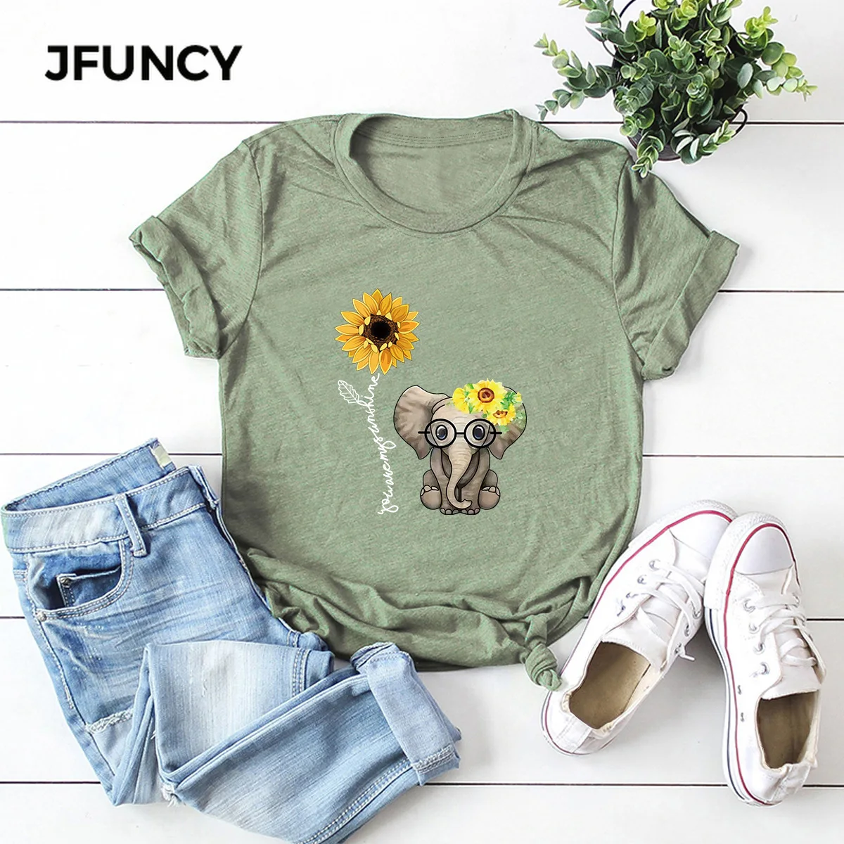 JFUNCY  Female Tshirt 100%Cotton T Shirts Women Short Sleeve Tees Summer Loose T-Shirt New Cute Elephant Print Tops