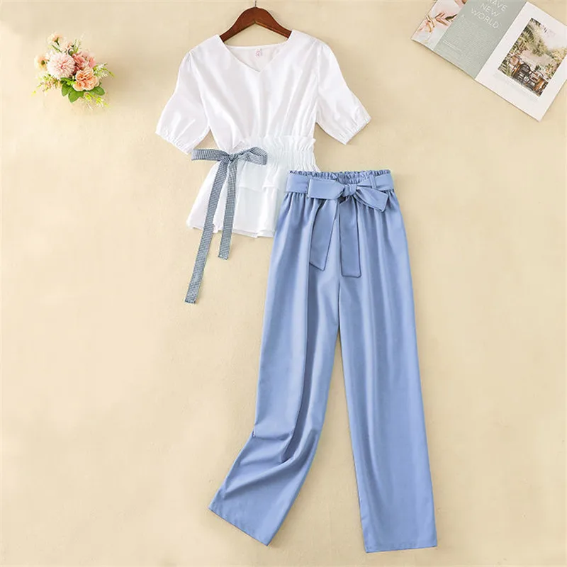 

Two Piece Set Women White V Neck Tshirt And Blue Black Long Pants Set Casual Sexy Short Sleeve Women Summer Tracksuit Pants Suit