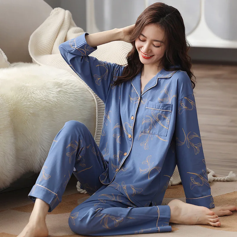 

M-3XL Women Print Pajamas Sets 2PCS Cotton Pyjamas Suit Sexy Cardigan Sleepwear Nightwear Lounge Lingerie Home Wear