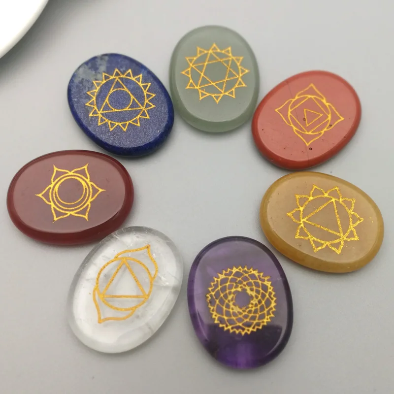 

Natural crystal agate semi-precious stone round seven chakras Reiki energy yoga healing stone 7PC