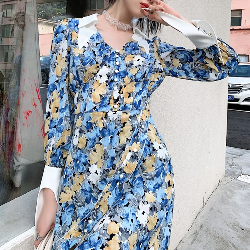 

GALCAUR Slim Vintage Print Floral Shirt For Women Lapel Collar Long Sleeve Hit Color Single Breasted Blouses Female 2021 Clothes