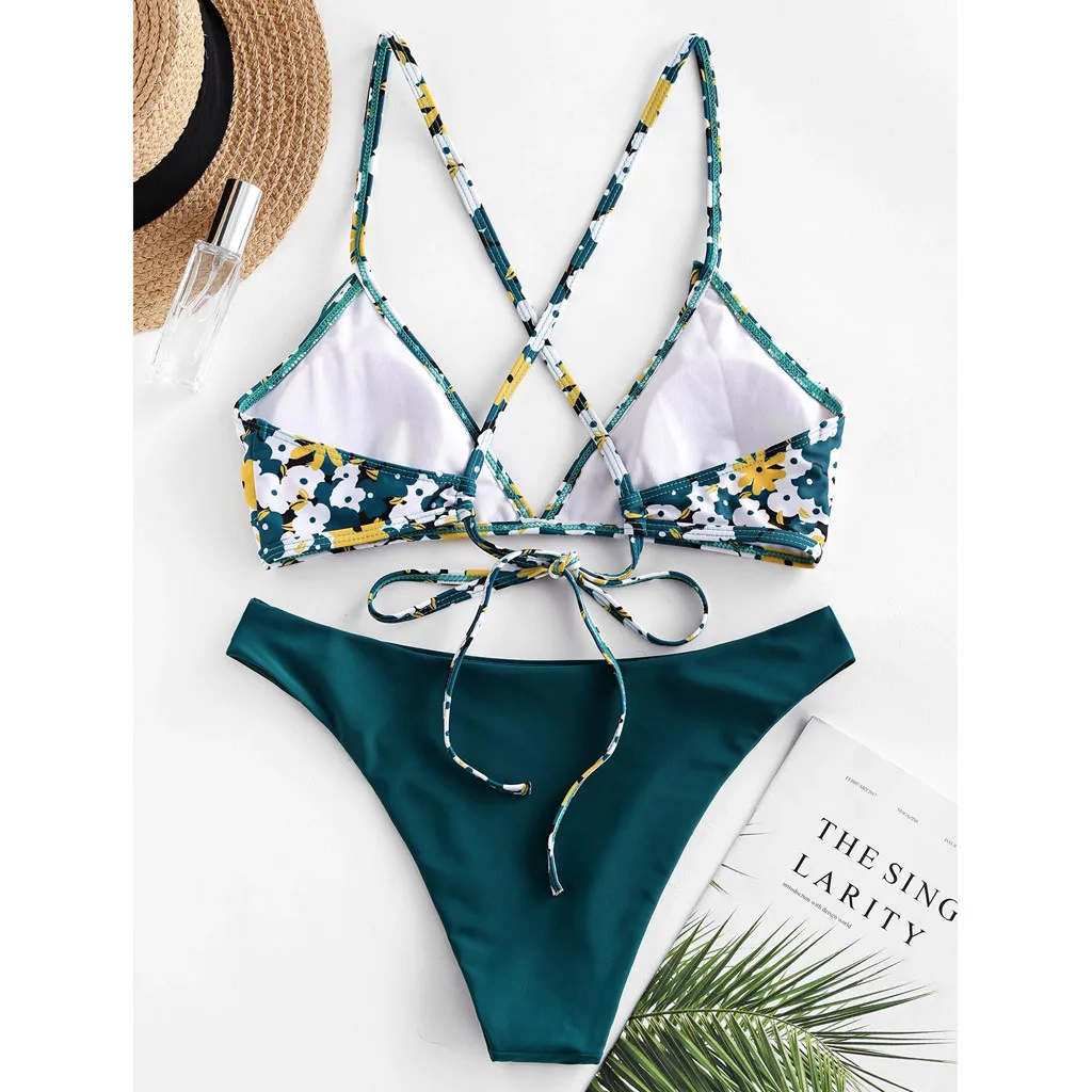 

bikini 2021 Women's Summer Sexy Floral Print Ruffle High Cut Bikini Set Two Piece Swimsuit biquini traje de bao mujer #K4