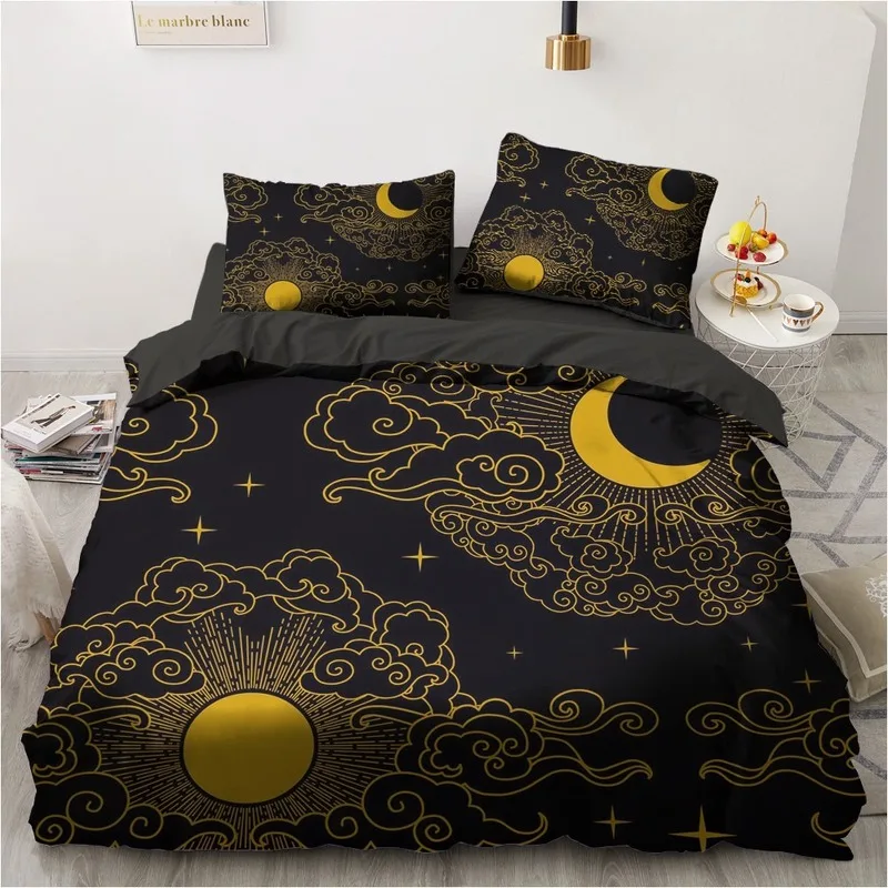 

3D Black Bedding Sets Duvet/Quilt/Comforter Cover Set Bed Linen Pillowcase King Queen 245x210cm Size Only Gold Design Printed