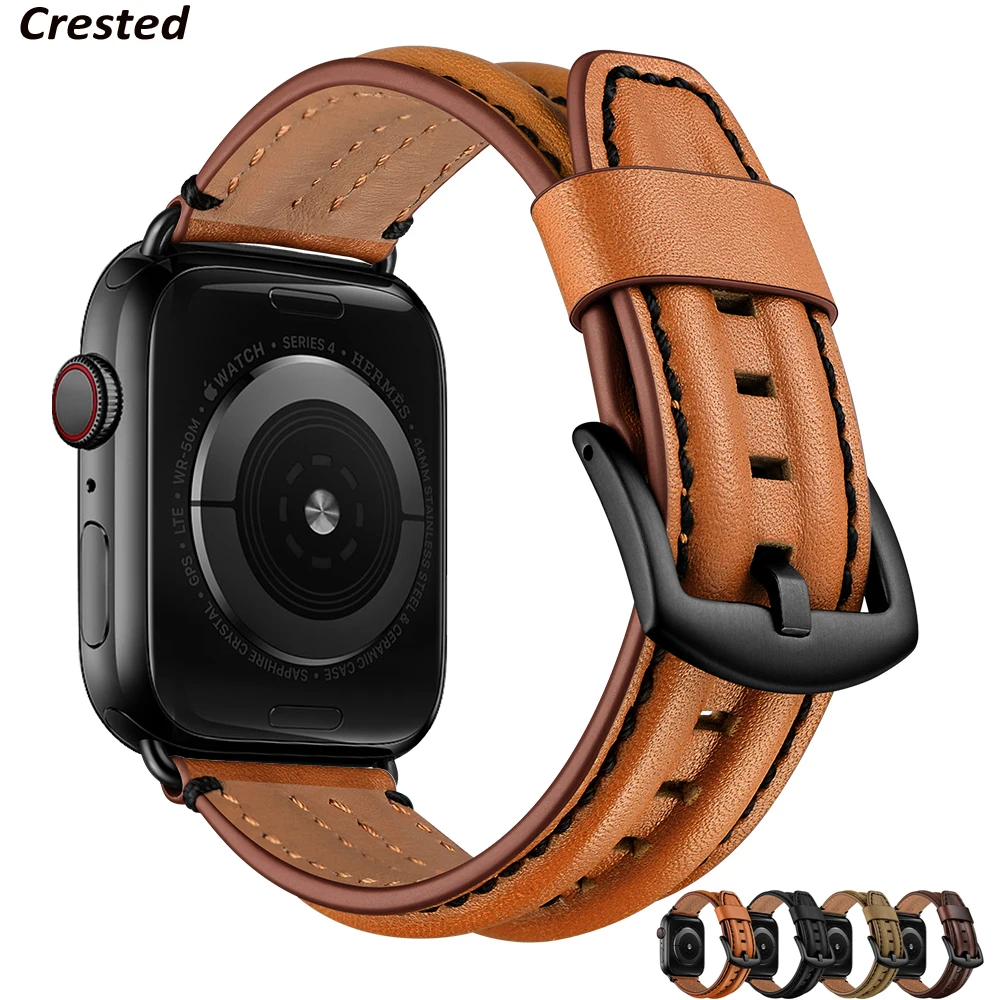 

Genuine Leather strap for Apple Watch Band 44mm 40mm 42mm 38mm Double keel watchband belt bracelet iWatch series 5 4 3 se 6 band