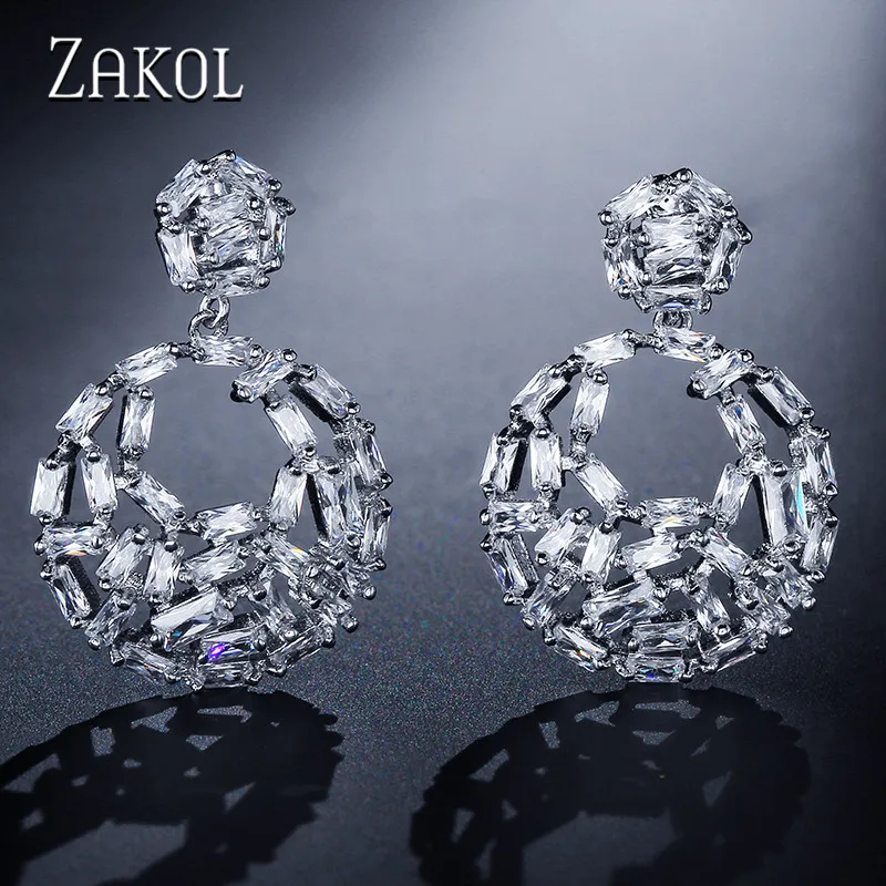 Женские серьги ZAKOL круглые с фианитом для свадебной вечеринки
