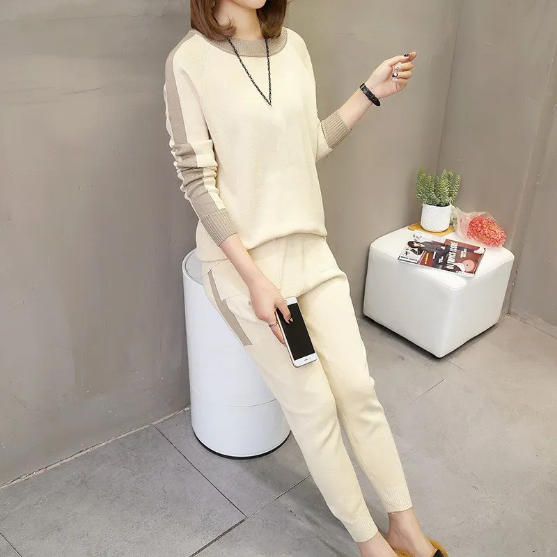 Женские вязаные брюки комплект из 2 предметов элегантный свитер + штаны шаровары