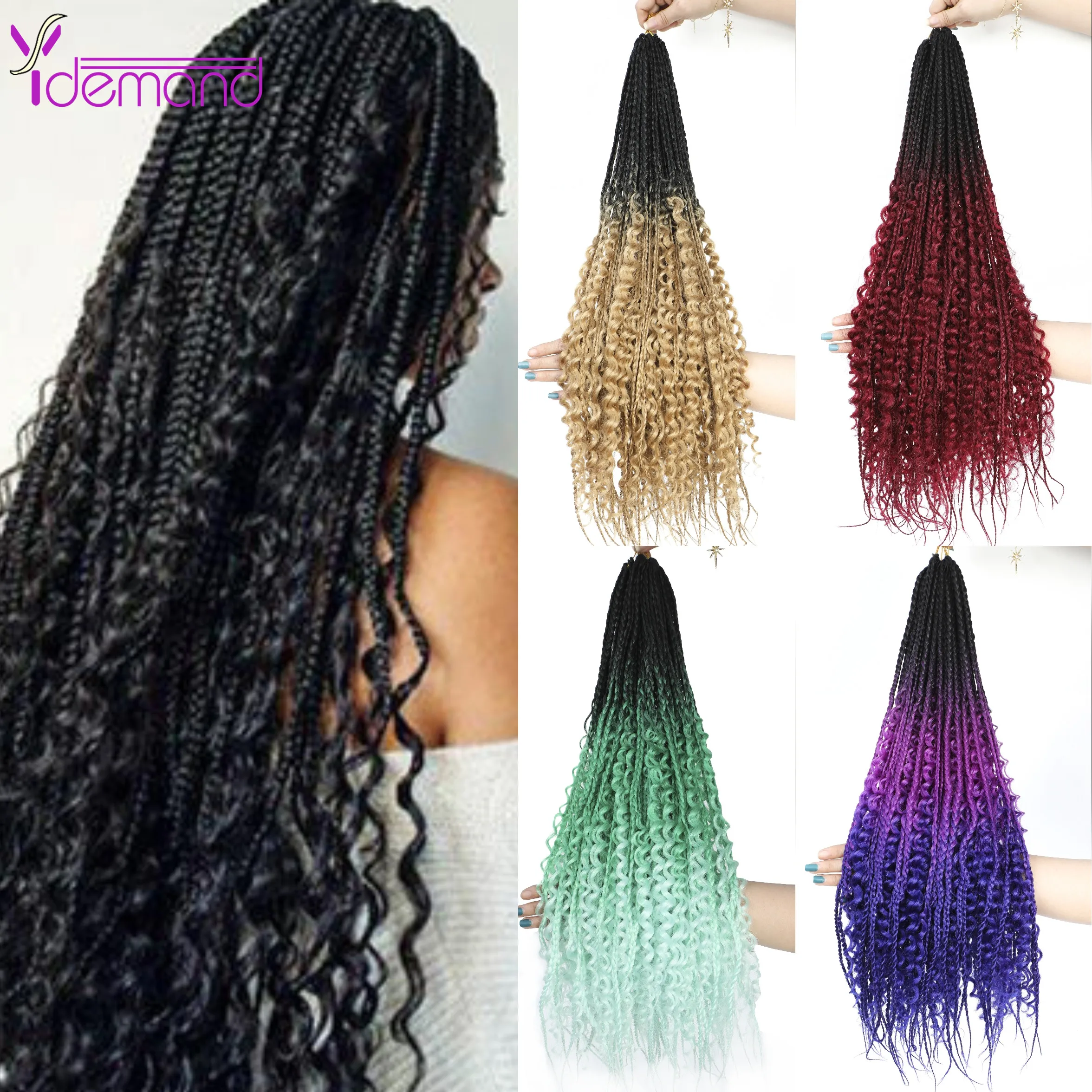 

Y Demand New 3X Goddess--Box Braids--Curly Crochet-Hair Pre Looped 100Strands 24inch Synthetic Ombre--Braiding Hair Extensions