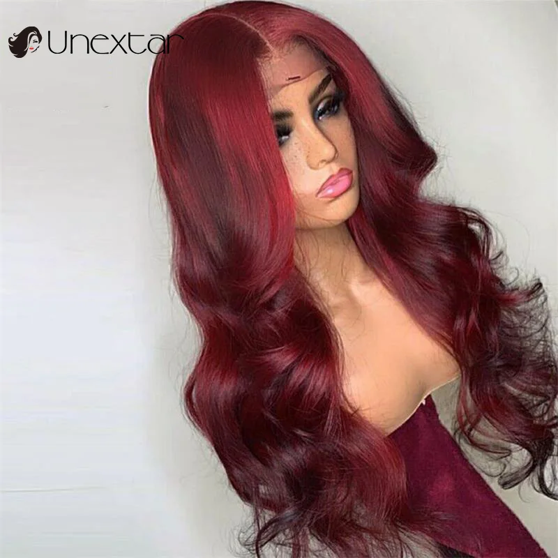 

Unextar Highlight Red Burgundy Color Loose Wave Wigs 13x4 Lace Front Remy Indian Human Hair Wigs with Baby Hair For Women