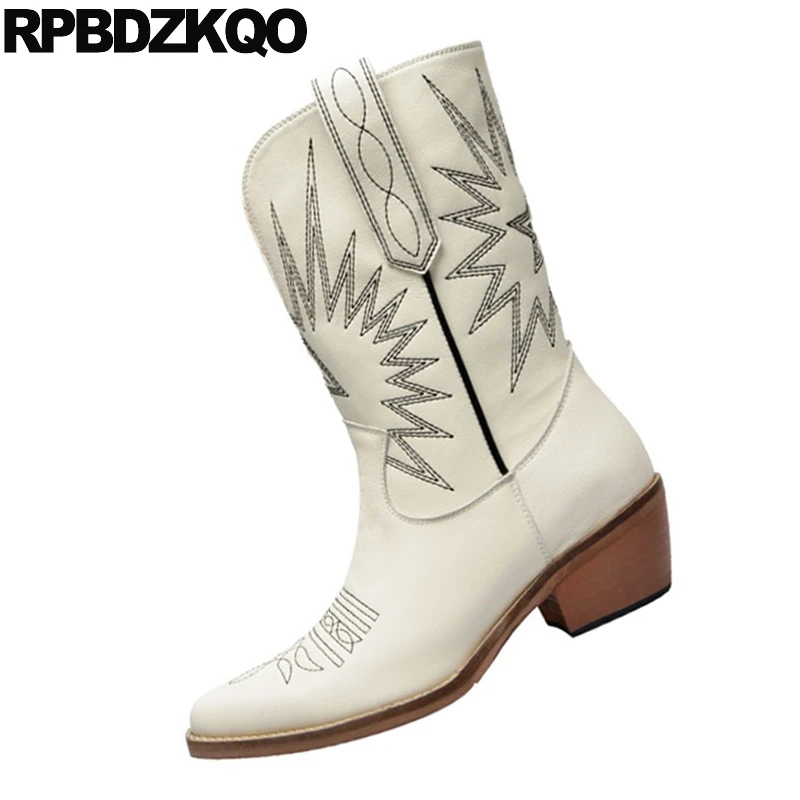 Осень Размер 34 бренд в ковбойском стиле Женские сапоги до середины икры с острым