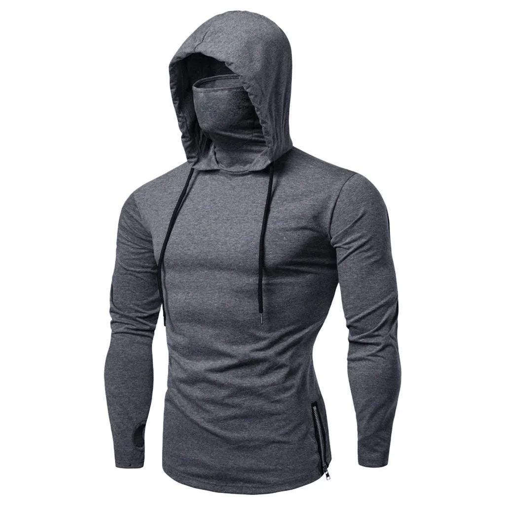 

slim Mens Hoodies Mask Button Sports Hooded Splice Male Long Sleeve Shirts Tops