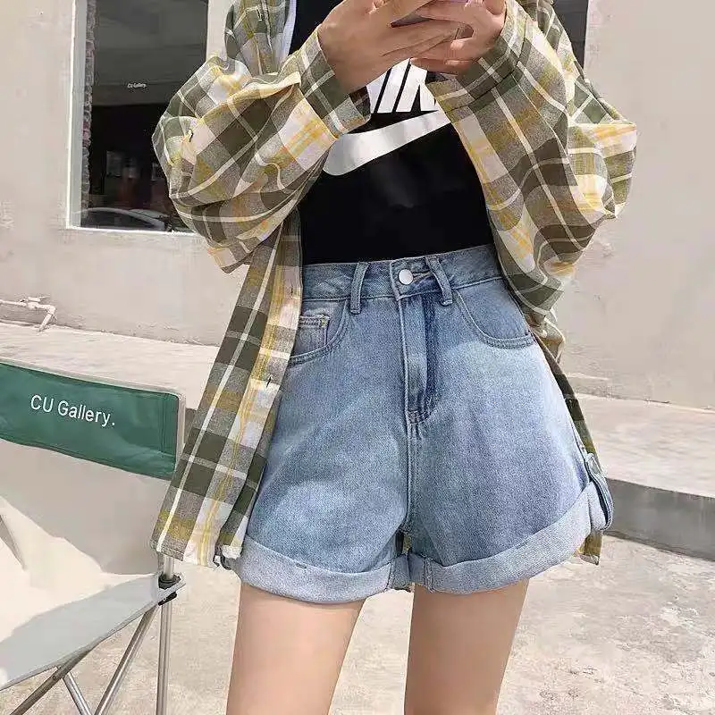 

High waist denim shorts women's summer 2021 new super high waist thin loose and thin wide leg A-shaped curled edge hot pants