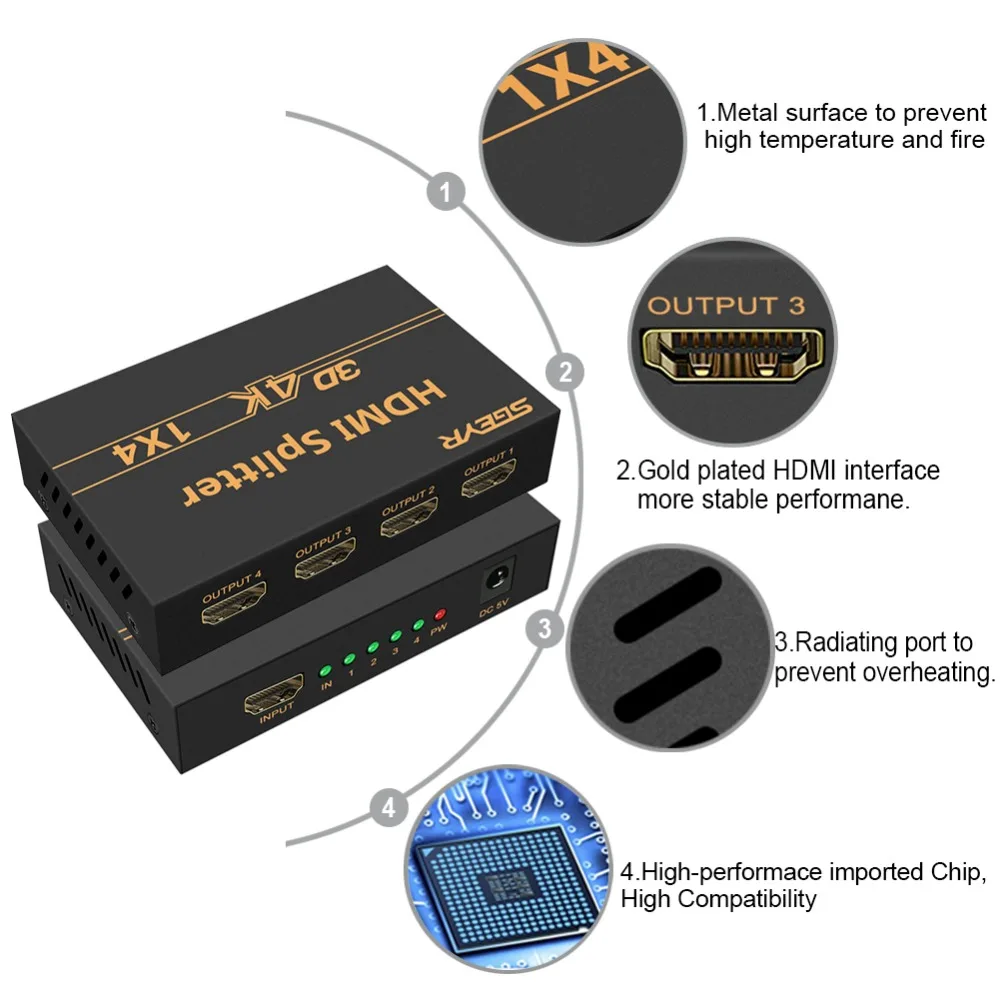 Разветвитель 4K HDMI 1x4 SGEYR 4 порта 1 Divisor в выхода разветвитель с поддержкой @ 30 Гц 3D 1080P