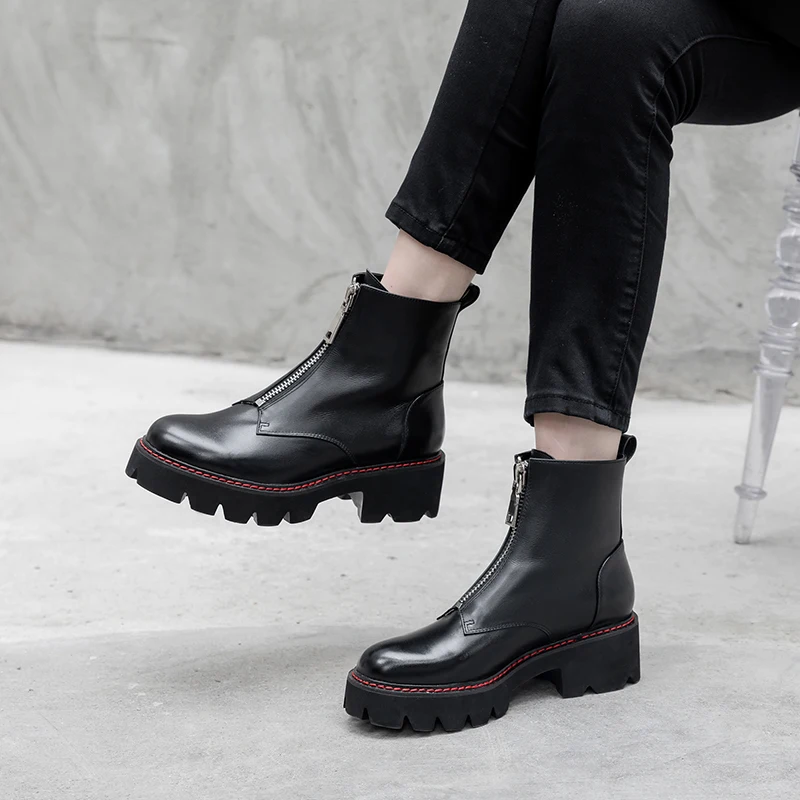 Женские ботинки; ботинки из натуральной кожи; черные ботинки Martens; женские ботильоны; мотоботы; зимняя обувь на платформе и толстом каблуке