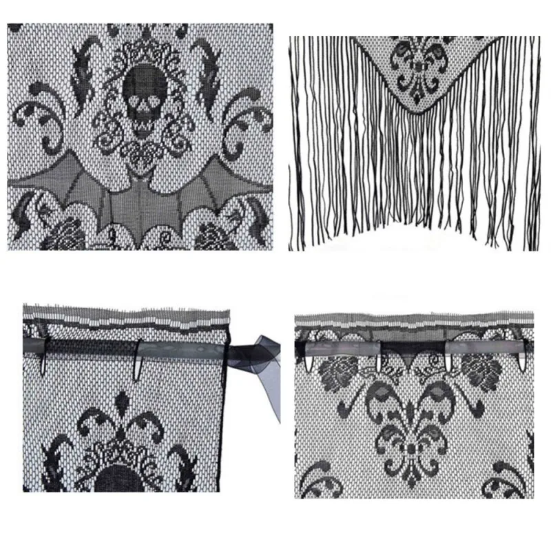 

Window Curtain Halloween Lace Spider Web Skull Curtain Cover Curtain Valance With Tassel