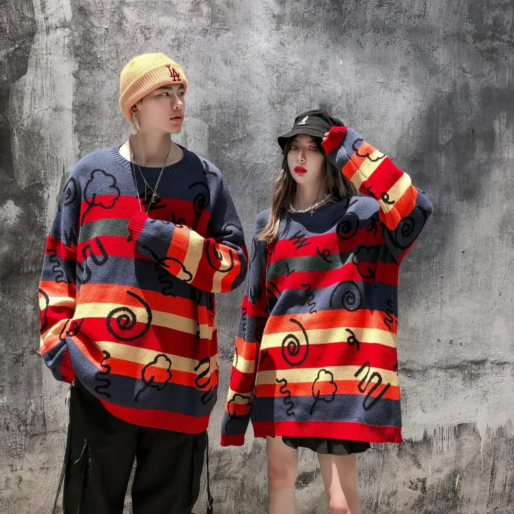 Hip Hop Rainbow Striped Sweaters Harajuku Hand Painted Graffiti Pullover Sweater 2020 Multicolor Color Block Men | Мужская одежда