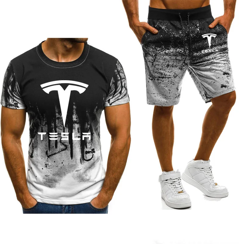 

New Summer Men's T-Shirt Tesla Car Logo print Casual short sleeve high quality Gradient Cotton Men's T-shirt+shorts suit 2pcs