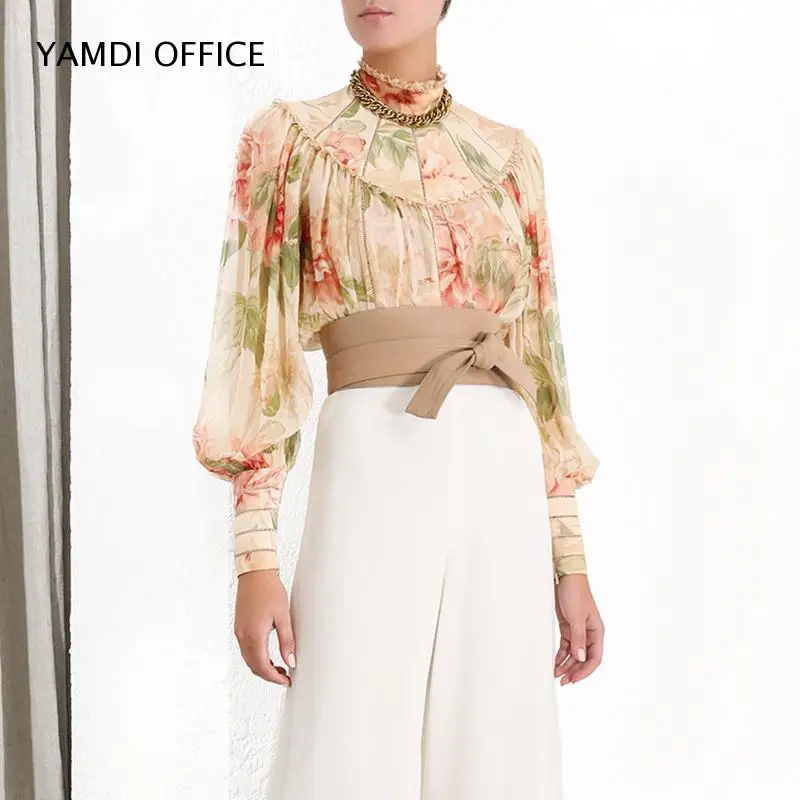 Женская шифоновая блузка с цветочным принтом и оборками длинным рукавом|Блузки| |
