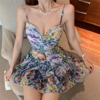 2021 new summer slip dress korean fashion sundress sexy floral casual ruched beach dress patchwork women clothing strap dress