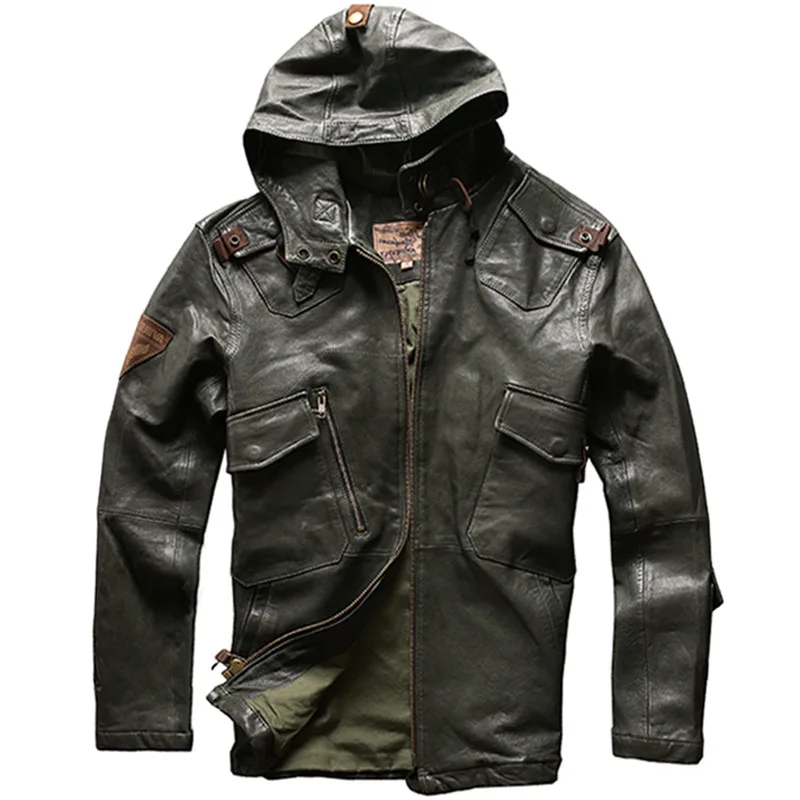 

Fall/Winter Hooded 2021 Leather Jacket Men's Genuine Leather Sheepskin Camouflage Army Green Men's Motorcycle Leather Jacket