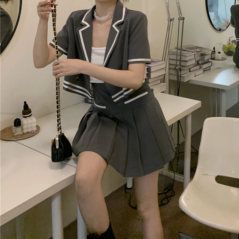 Sungtin юбка Костюмы Блейзер комплект из 2 частей женские плиссированные юбки