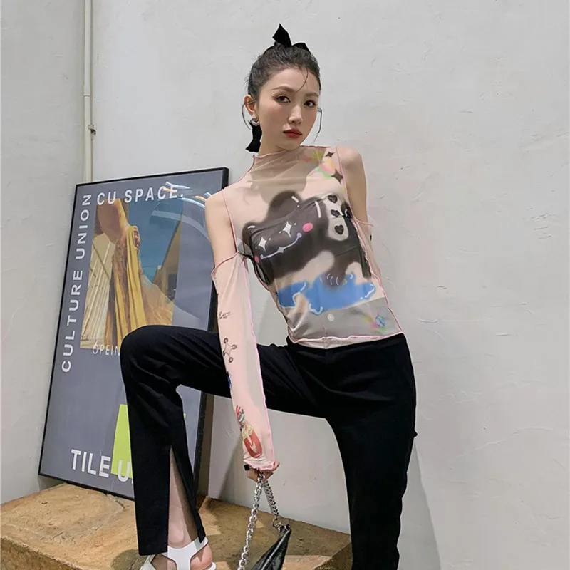 

Ladies Summer Tight-fitting Printed Slim Hollow T-shirt Women's Top Women's Fashion Net Yarn Half Sleeve Bottoming T-Shirt 2021