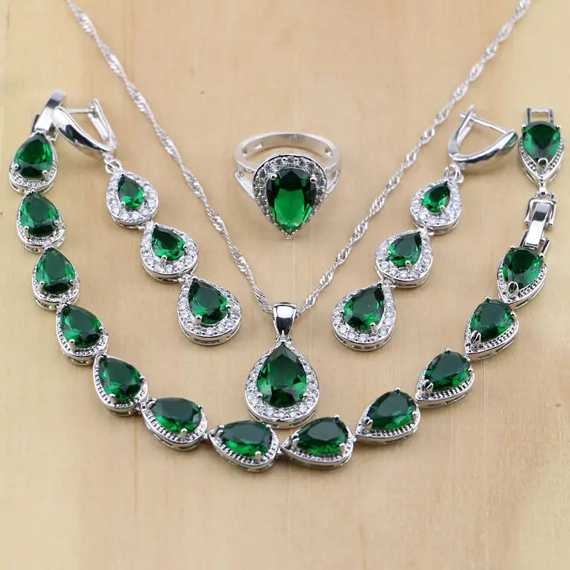 

925 Sterling Silver Water Drop Green Created Emerald White CZ Women Jewelry Sets Earrings/Pendant/Necklace/Rings/Bracelet