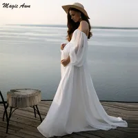 Magic Awn Beach Maternity Wedding Dresses Off The Shoulder Long Puffy Sleeves Simple Chiffon Boho Pregnant Bridal Gowns Vestidos