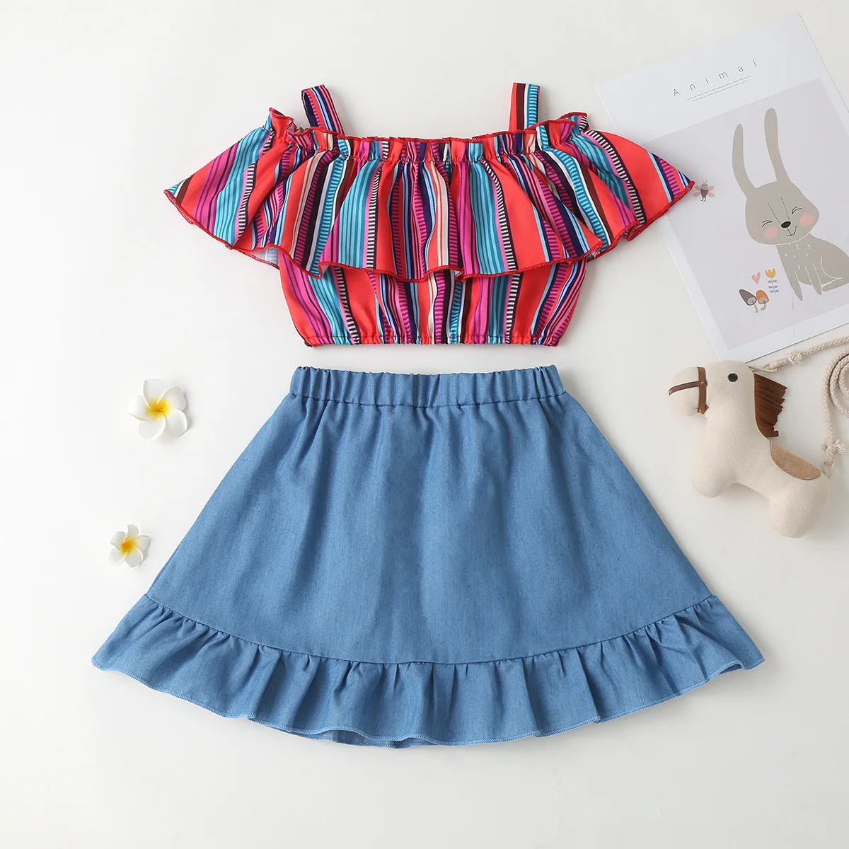 

Kids Baby Girls Summer Off Shoulder Ruched Tops Striped T-shirts Solid Skirts Toddler Children Fashion Clothes Sets 2pcs 18M-6Y