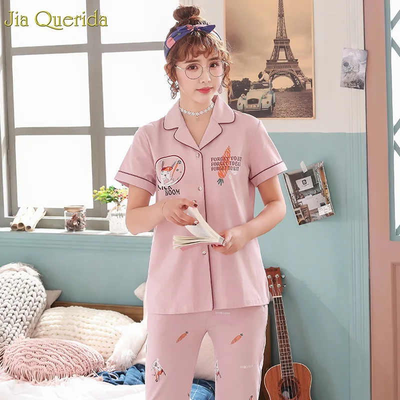 

Sleeping Suits Women 100% Cotton Pyjamas Set Fashion Pink Home Clothes Night Wear Short Sleeves Long Pants Student Girl's Pajama